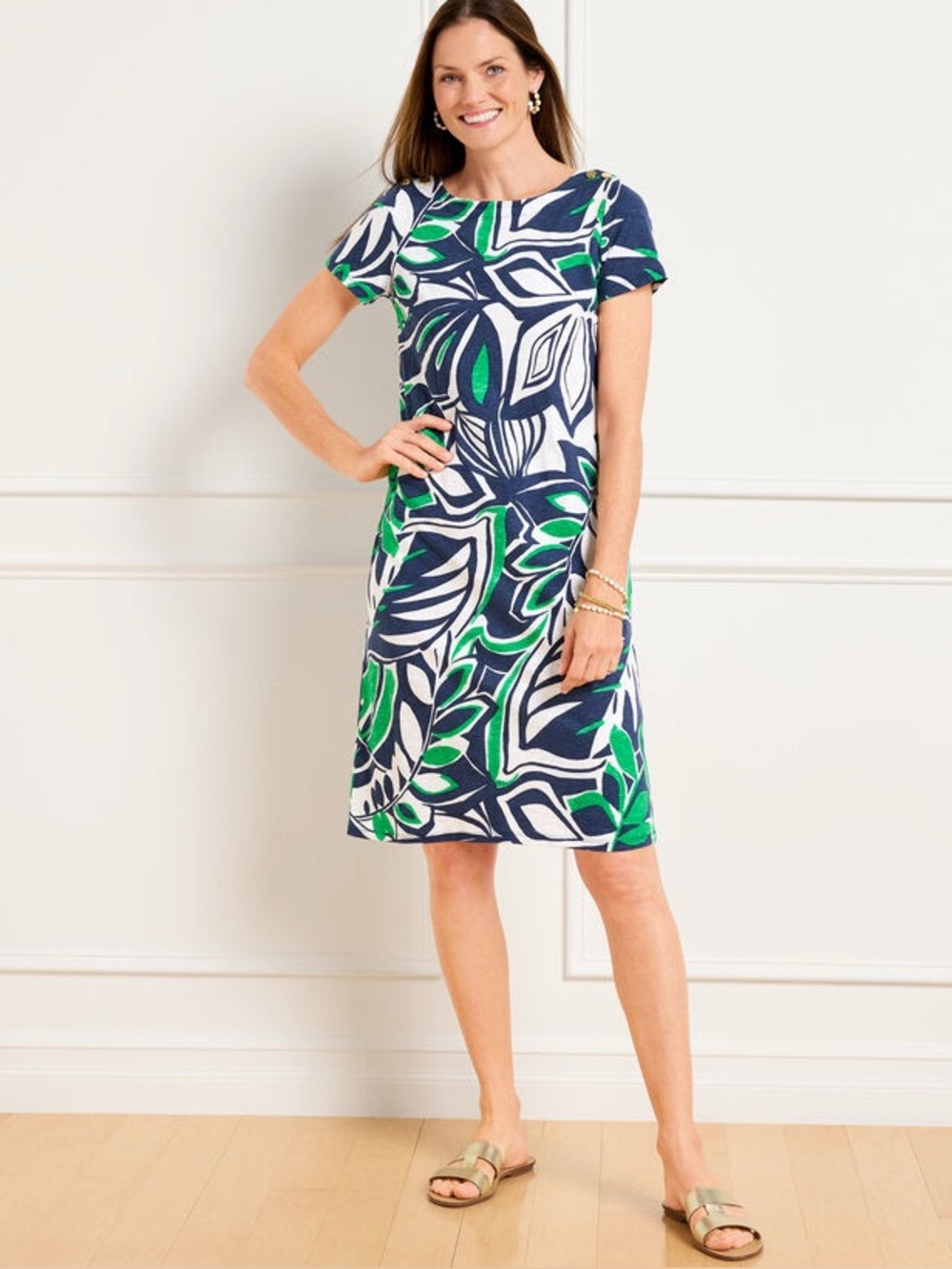 Talbots Nantucket Slub Short Sleeve Cotton Dress Expressive Palms Size S Coastal